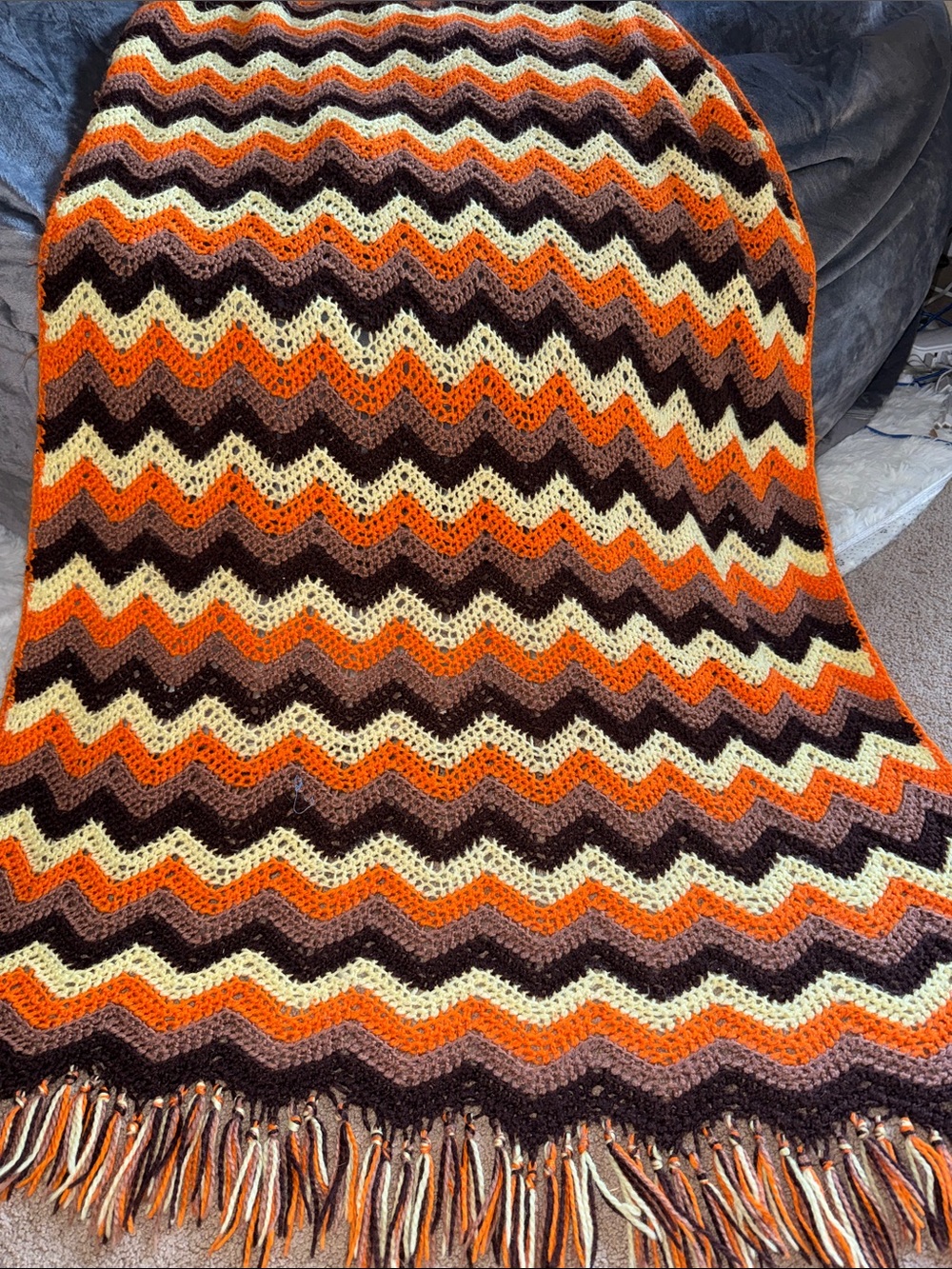 Hand Crafted Chevron Throw Blanket in Orange, Brown, Cream